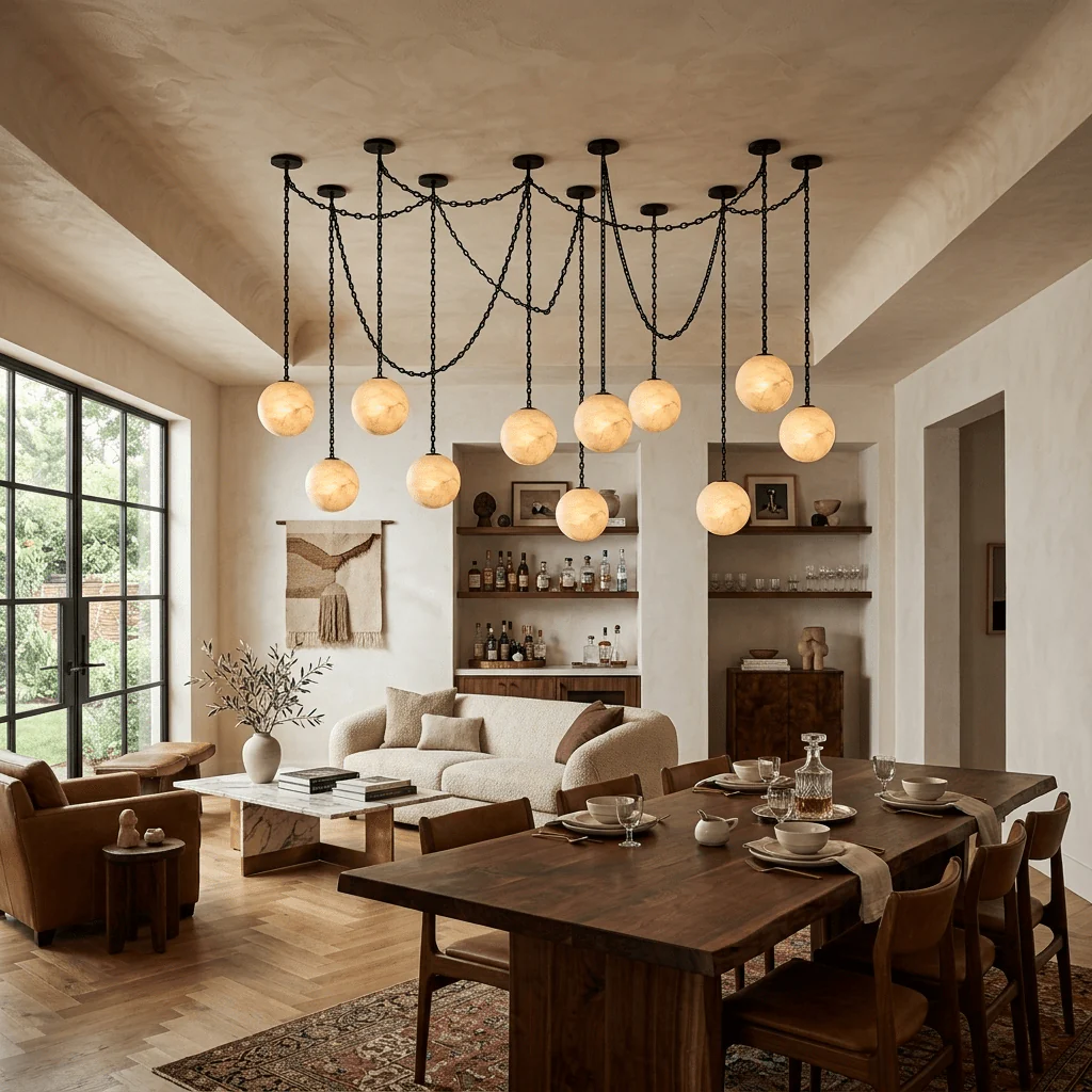 Alabaster Stone Sphere Multi-Light Chandelier