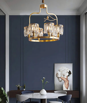 Crystal Bird Chandelier – Modern Brass & Crystal Ceiling Light for Dining Room, 4–6 Lights
