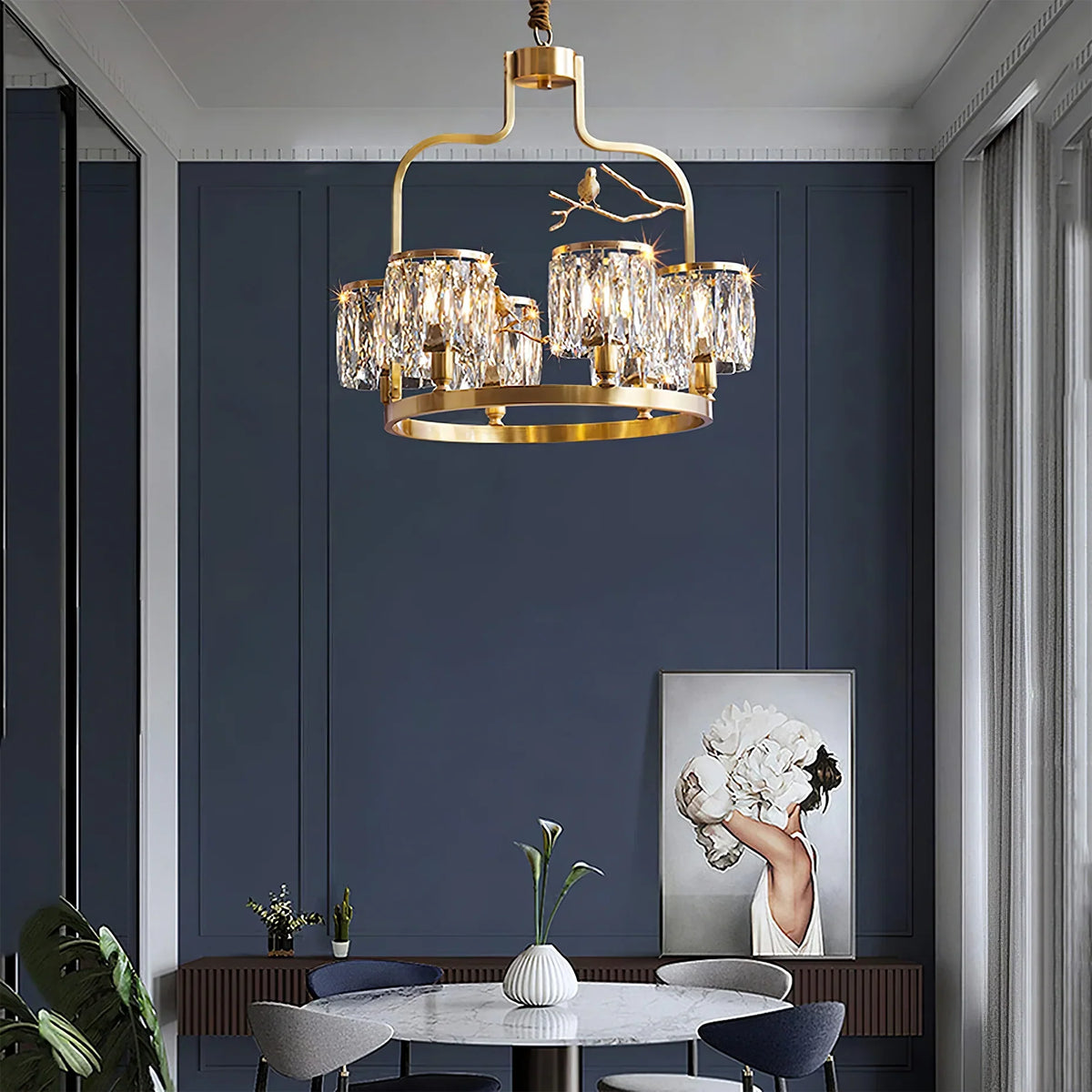 Crystal Bird Chandelier – Modern Brass & Crystal Ceiling Light for Dining Room, 4–6 Lights