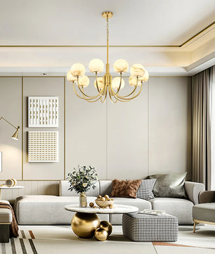 Brass & Alabaster Round Chandelier – Modern Ceiling Light for Dining Room & Foyer, 6–10 Lights