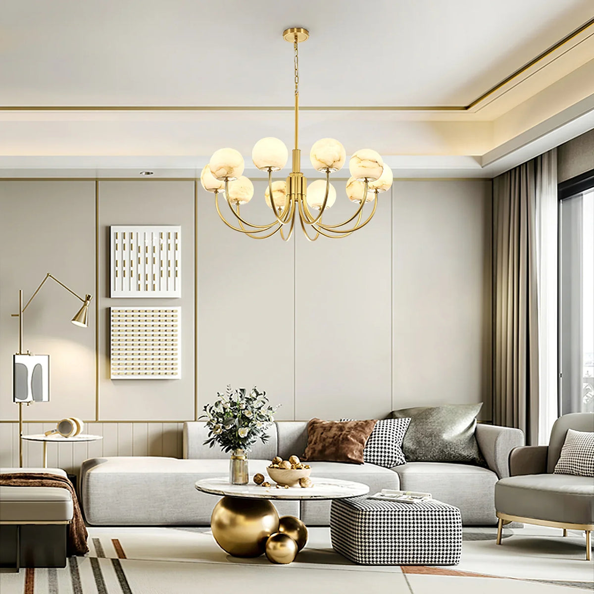 Brass & Alabaster Round Chandelier – Modern Ceiling Light for Dining Room & Foyer, 6–10 Lights