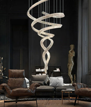 Long Spiral Crystal Chandelier – Modern Cascading Crystal Ceiling Light for Staircase & Foyer, Clear
