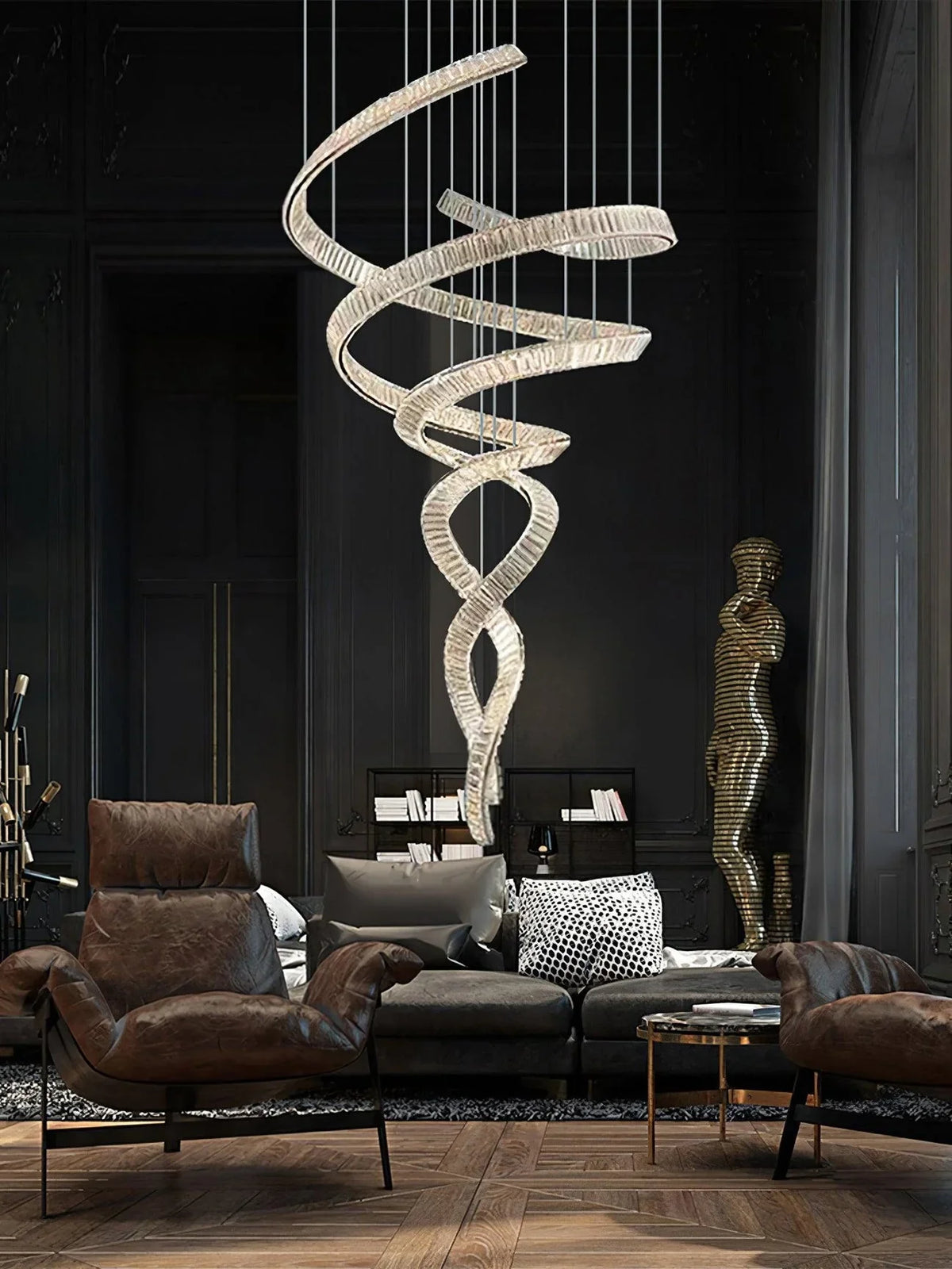 Long Spiral Crystal Chandelier – Modern Cascading Crystal Ceiling Light for Staircase & Foyer, Clear