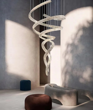 Long Spiral Crystal Chandelier – Modern Cascading Crystal Ceiling Light for Staircase & Foyer, Clear