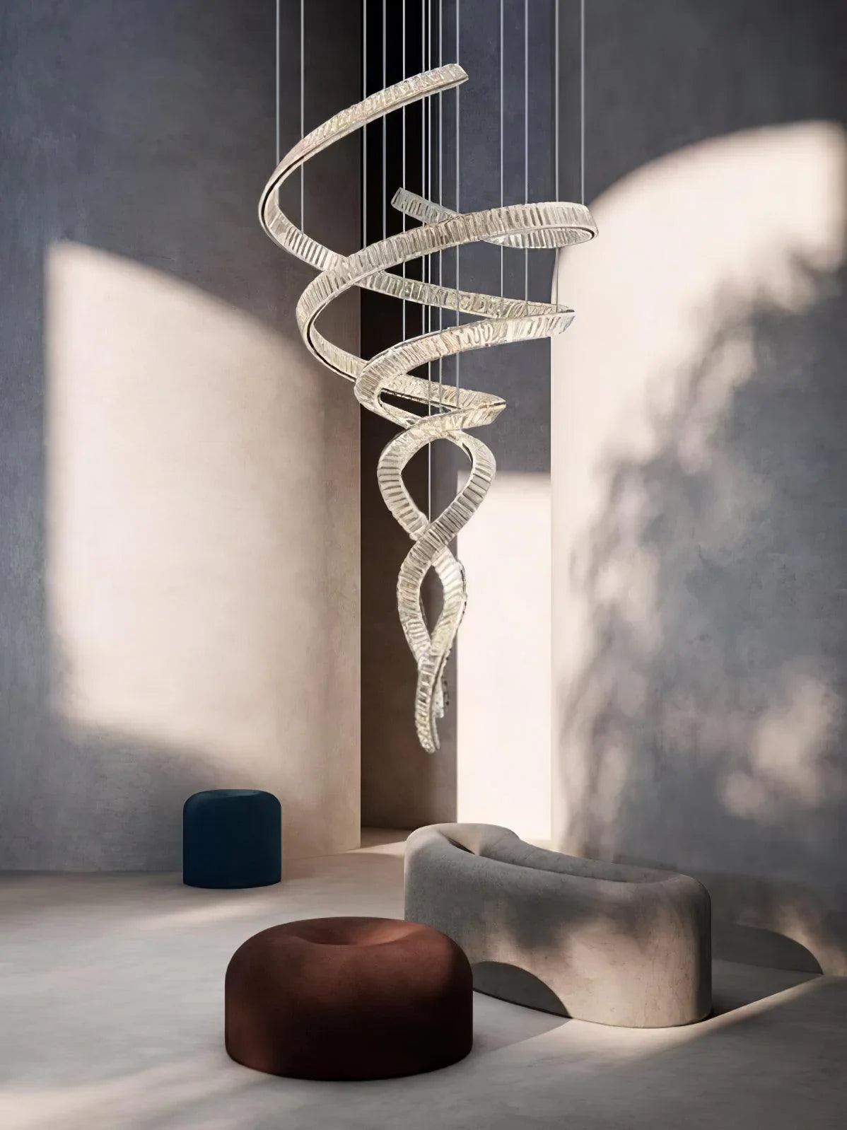 Long Spiral Crystal Chandelier – Modern Cascading Crystal Ceiling Light for Staircase & Foyer, Clear