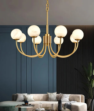 Brass & Alabaster Round Chandelier – Modern Ceiling Light for Dining Room & Foyer, 6–10 Lights