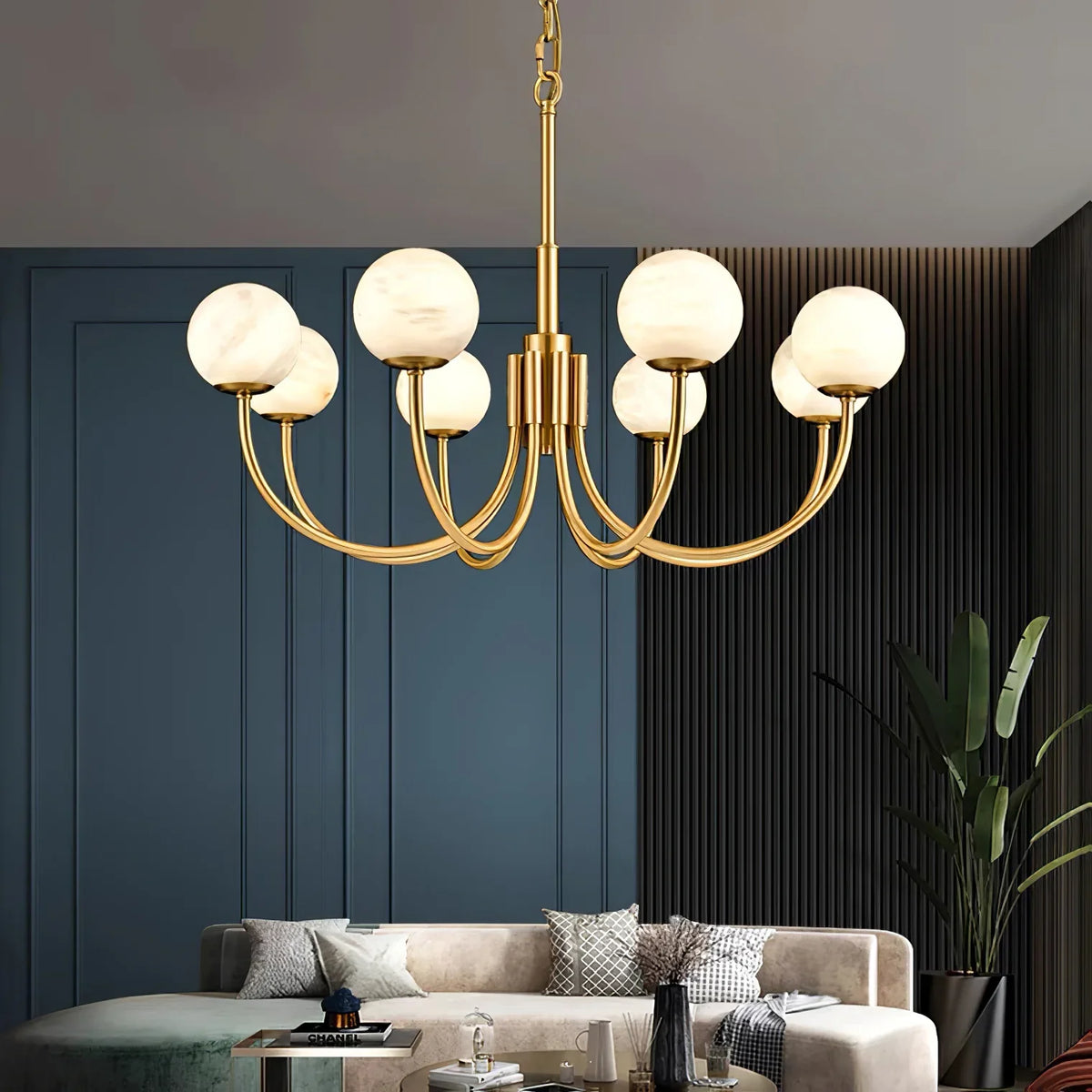 Brass & Alabaster Round Chandelier – Modern Ceiling Light for Dining Room & Foyer, 6–10 Lights