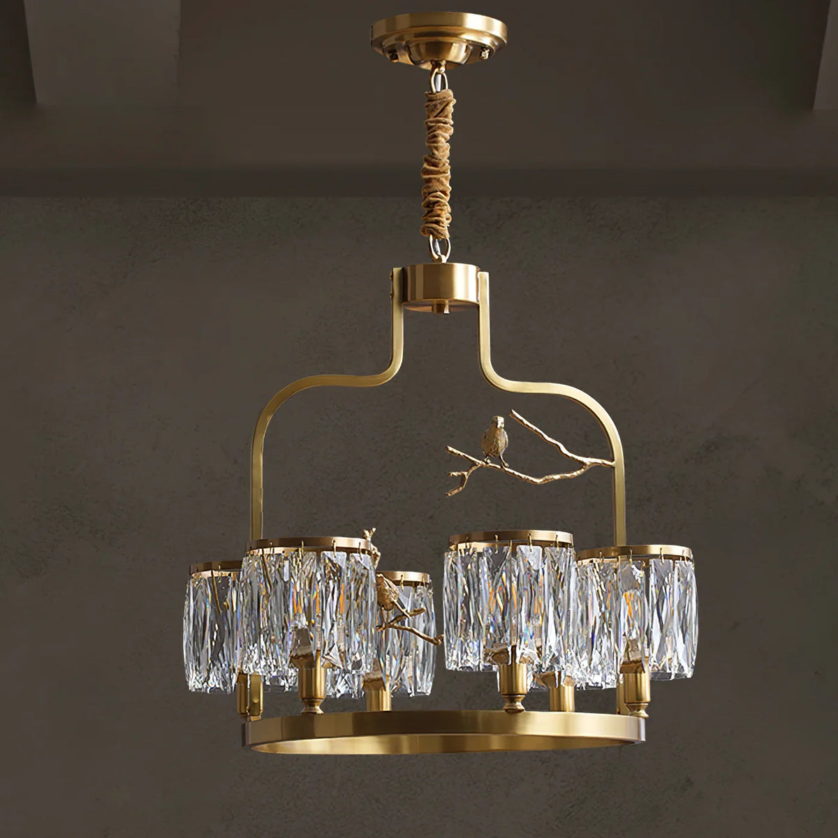 Crystal Bird Chandelier – Modern Brass & Crystal Ceiling Light for Dining Room, 4–6 Lights