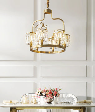 Crystal Bird Chandelier – Modern Brass & Crystal Ceiling Light for Dining Room, 4–6 Lights