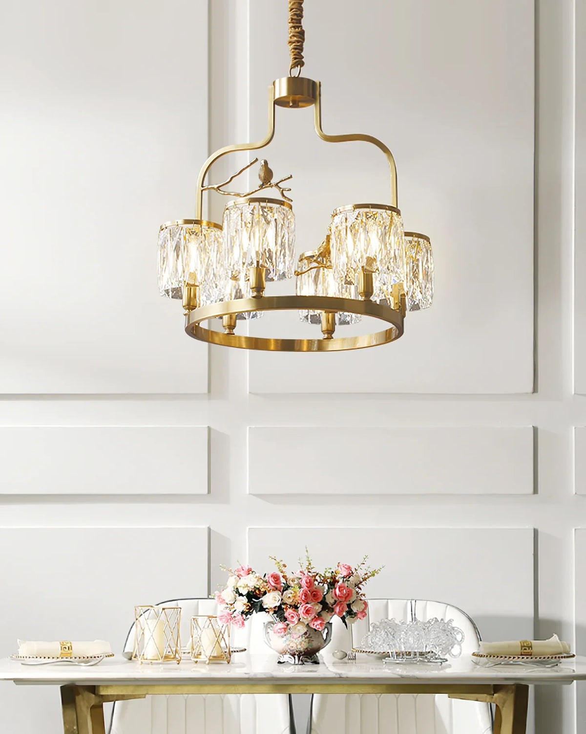 Crystal Bird Chandelier – Modern Brass & Crystal Ceiling Light for Dining Room, 4–6 Lights