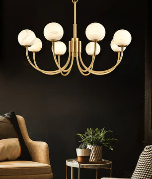 Brass & Alabaster Round Chandelier – Modern Ceiling Light for Dining Room & Foyer, 6–10 Lights