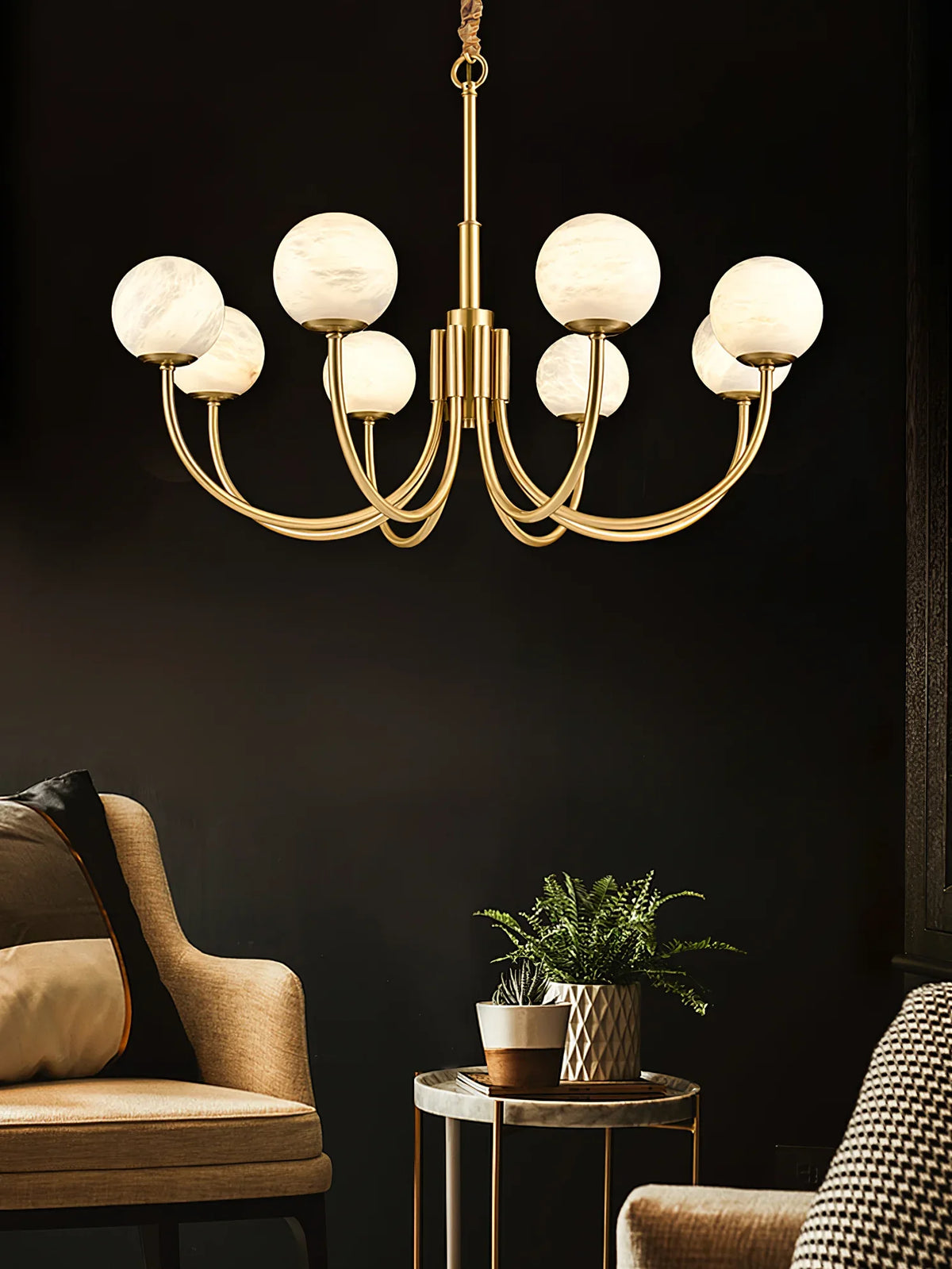 Brass & Alabaster Round Chandelier – Modern Ceiling Light for Dining Room & Foyer, 6–10 Lights