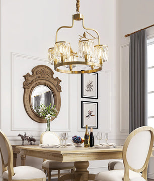 Crystal Bird Chandelier – Modern Brass & Crystal Ceiling Light for Dining Room, 4–6 Lights