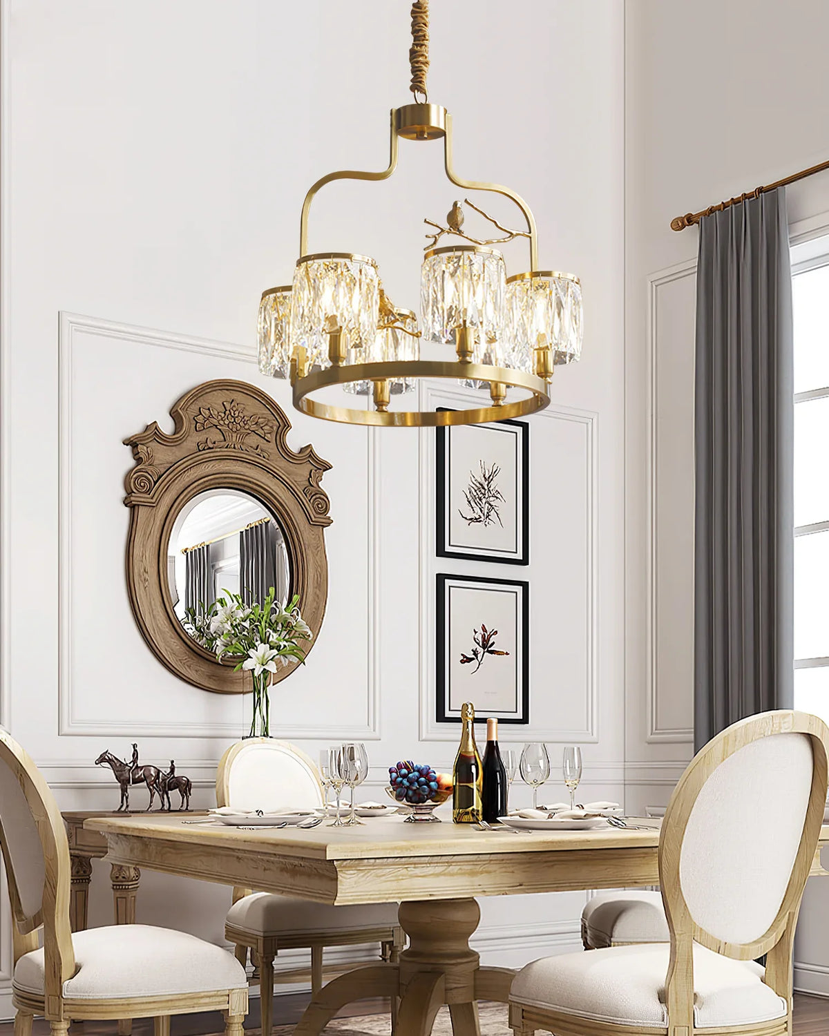 Crystal Bird Chandelier – Modern Brass & Crystal Ceiling Light for Dining Room, 4–6 Lights