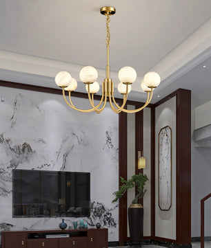 Brass & Alabaster Round Chandelier – Modern Ceiling Light for Dining Room & Foyer, 6–10 Lights