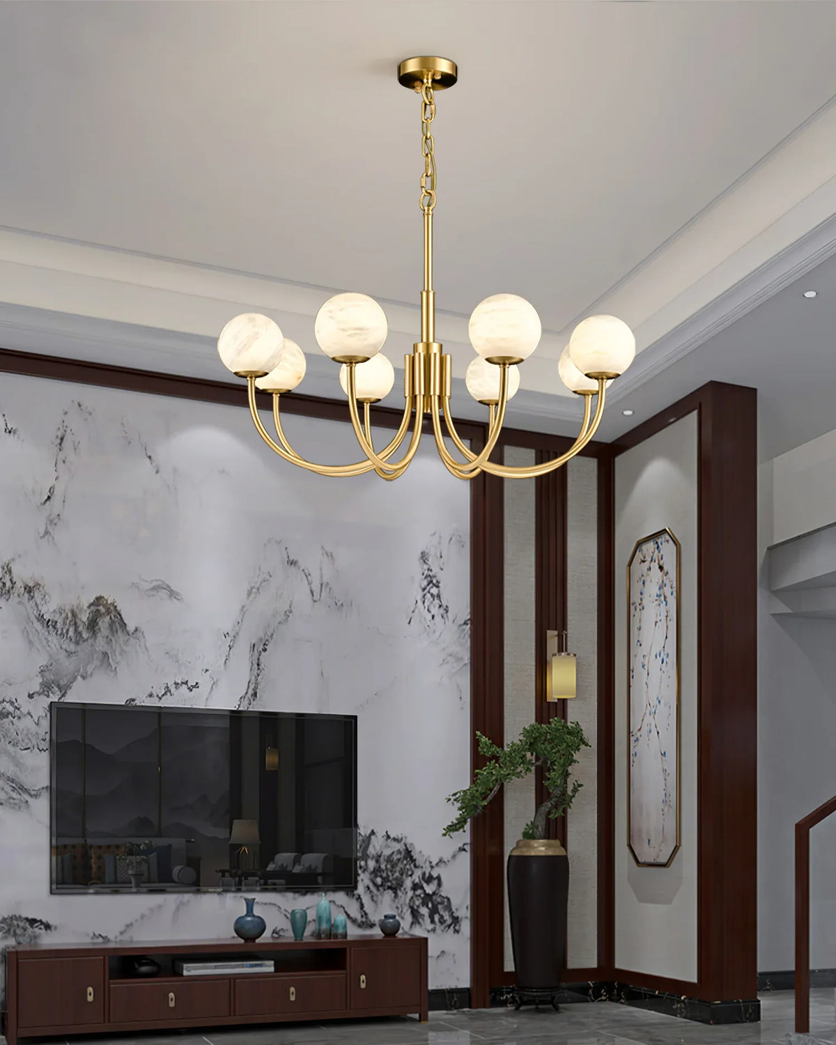 Brass & Alabaster Round Chandelier – Modern Ceiling Light for Dining Room & Foyer, 6–10 Lights