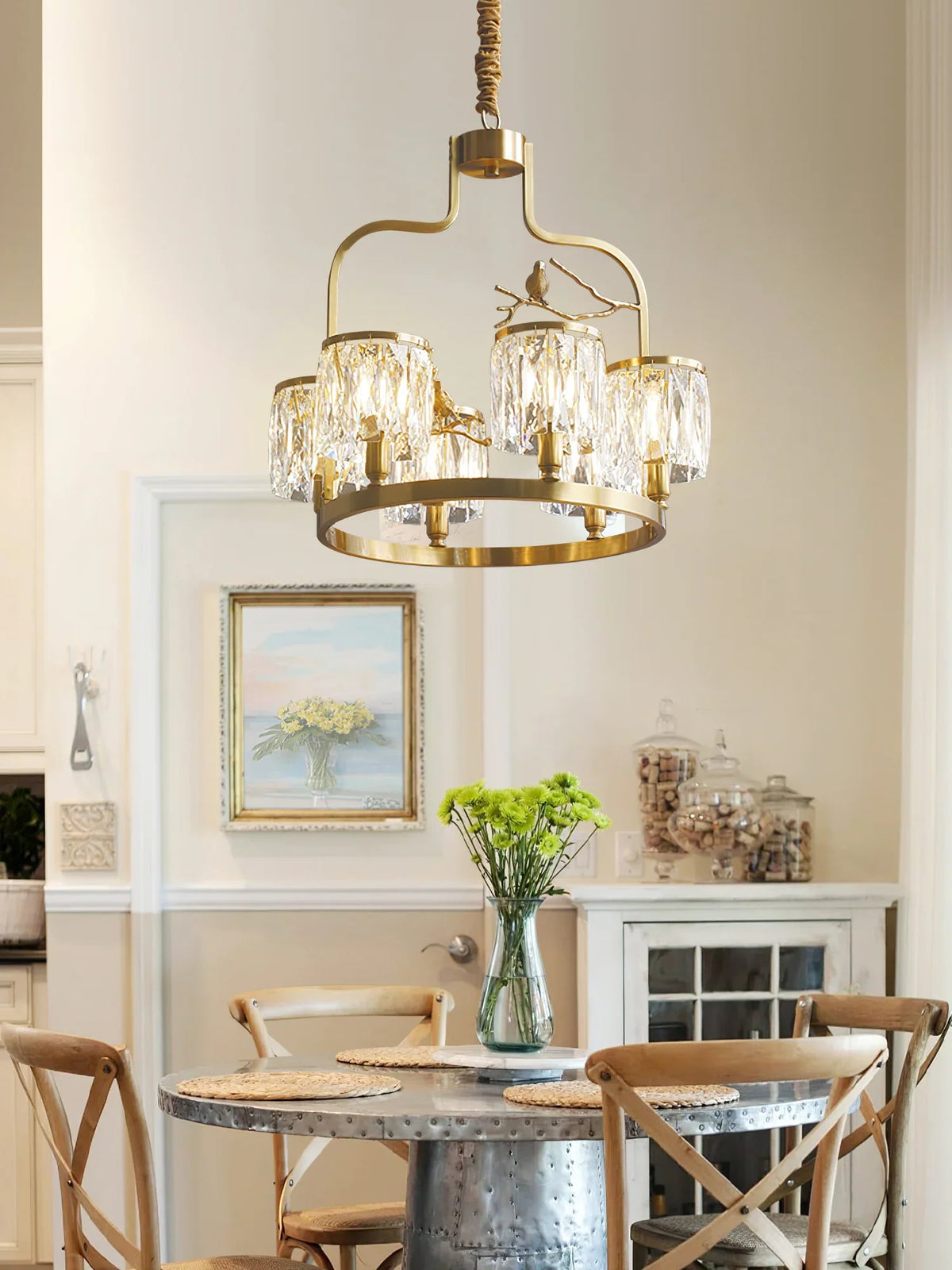 Crystal Bird Chandelier – Modern Brass & Crystal Ceiling Light for Dining Room, 4–6 Lights