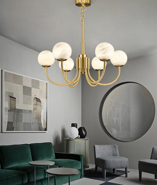 Brass & Alabaster Round Chandelier – Modern Ceiling Light for Dining Room & Foyer, 6–10 Lights