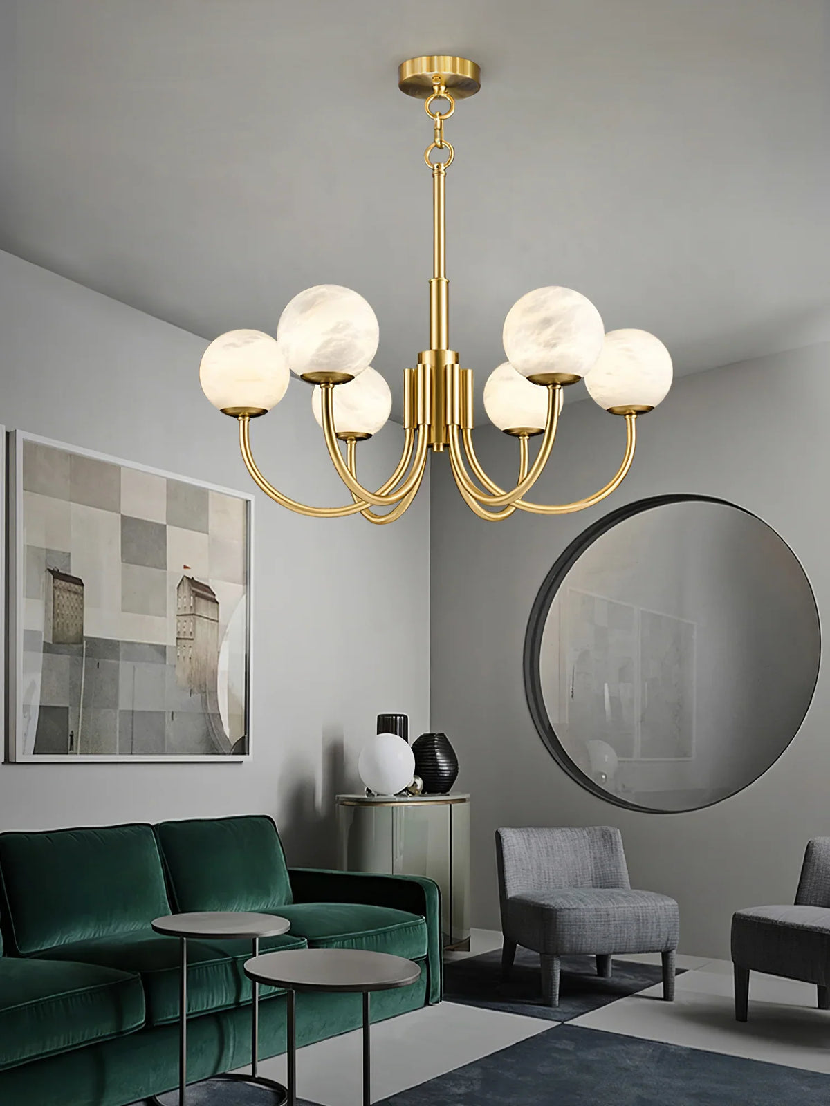 Brass & Alabaster Round Chandelier – Modern Ceiling Light for Dining Room & Foyer, 6–10 Lights