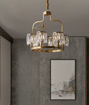 Crystal Bird Chandelier – Modern Brass & Crystal Ceiling Light for Dining Room, 4–6 Lights