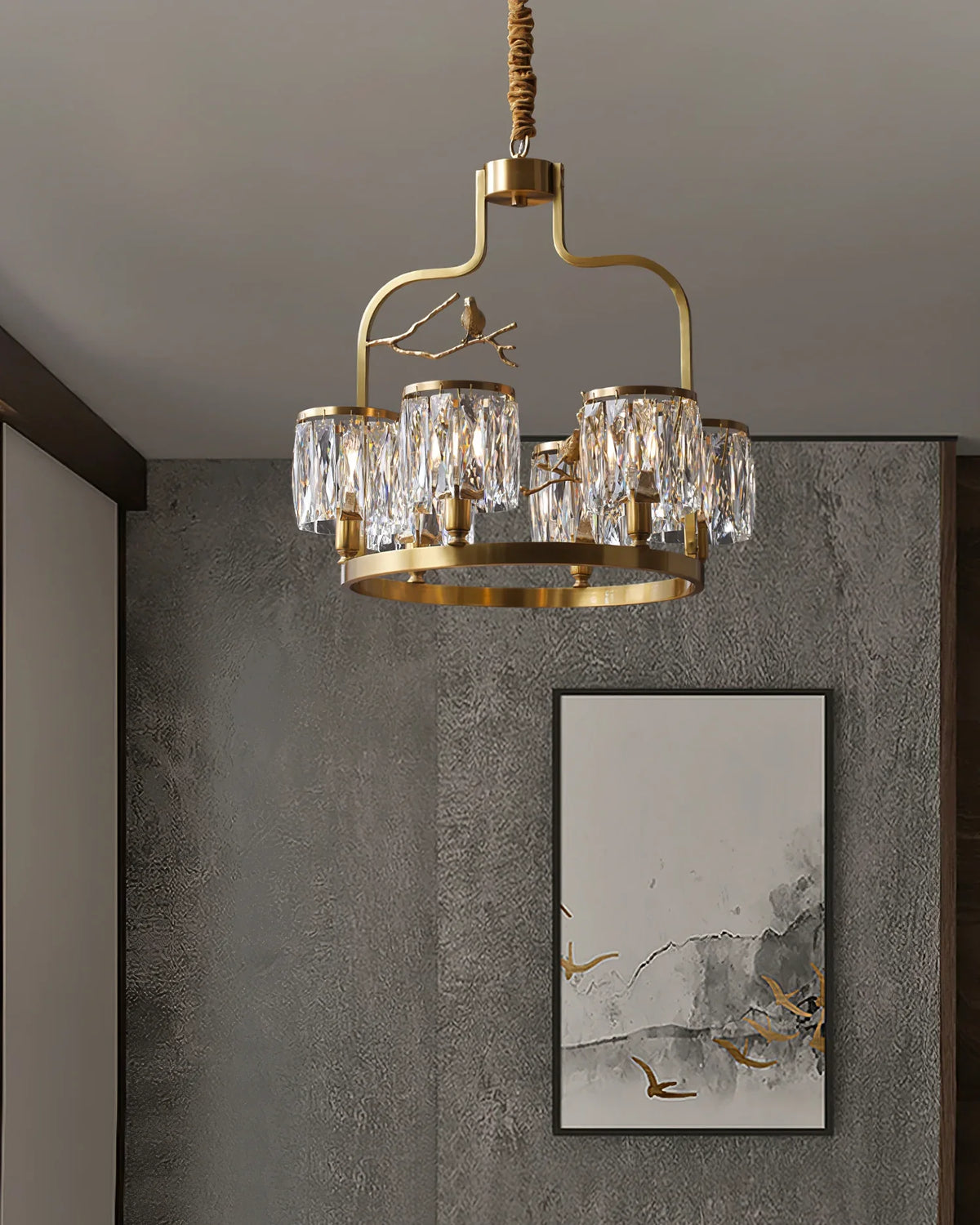 Crystal Bird Chandelier – Modern Brass & Crystal Ceiling Light for Dining Room, 4–6 Lights