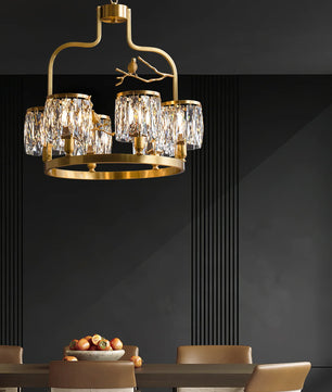 Crystal Bird Chandelier – Modern Brass & Crystal Ceiling Light for Dining Room, 4–6 Lights