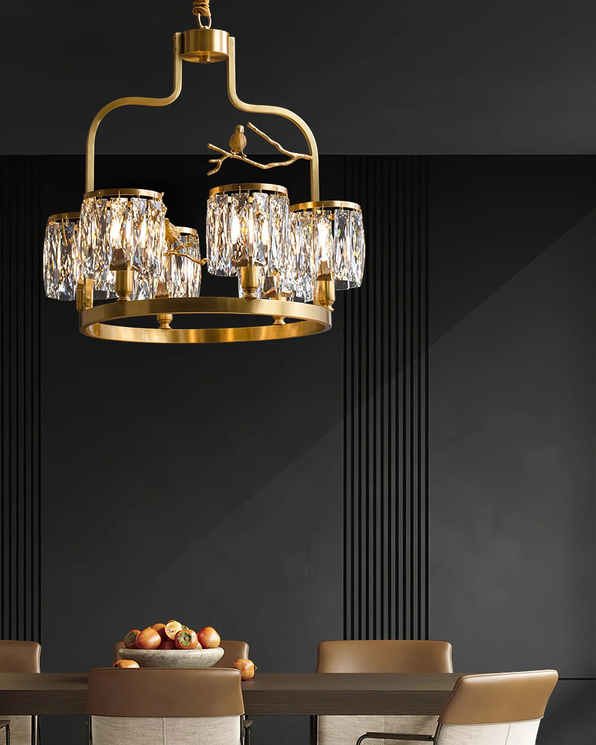 Crystal Bird Chandelier – Modern Brass & Crystal Ceiling Light for Dining Room, 4–6 Lights