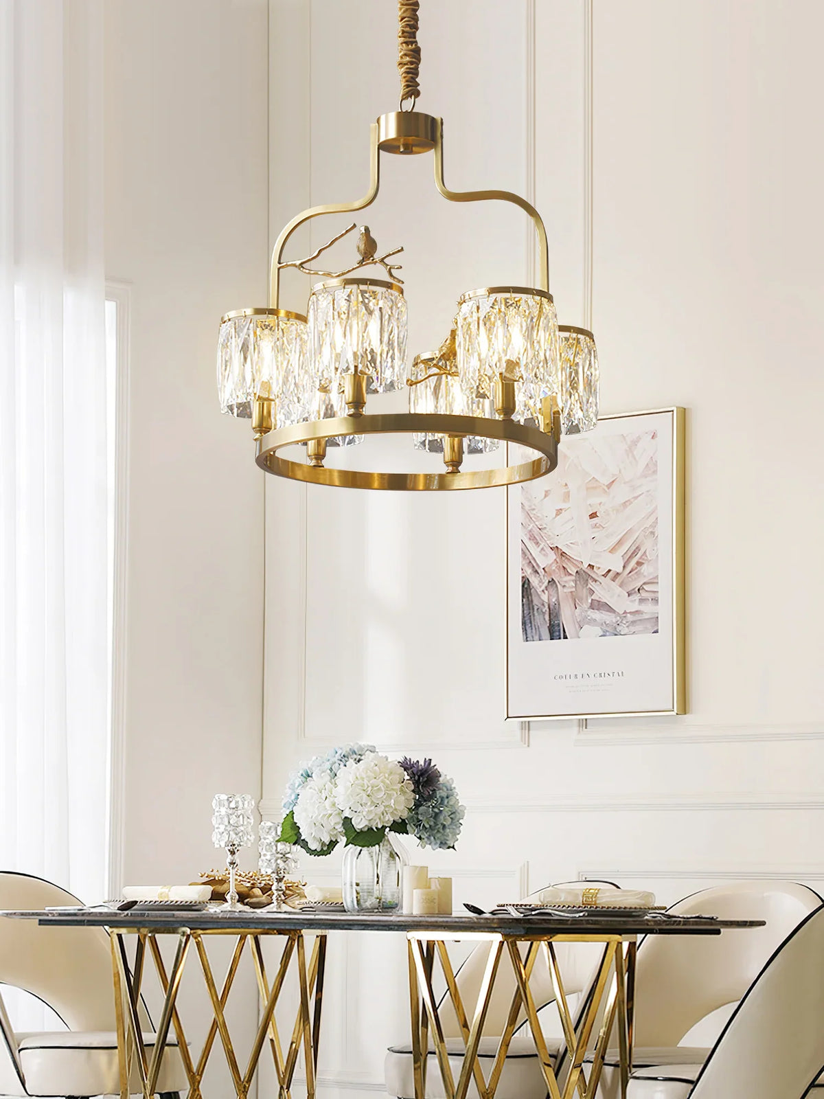 Crystal Bird Chandelier – Modern Brass & Crystal Ceiling Light for Dining Room, 4–6 Lights