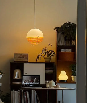 Sunset Bauhaus Pendant Light – Modern Glass & Acrylic Globe Ceiling Light for Living Room, Bedroom & Dining, Orange & White