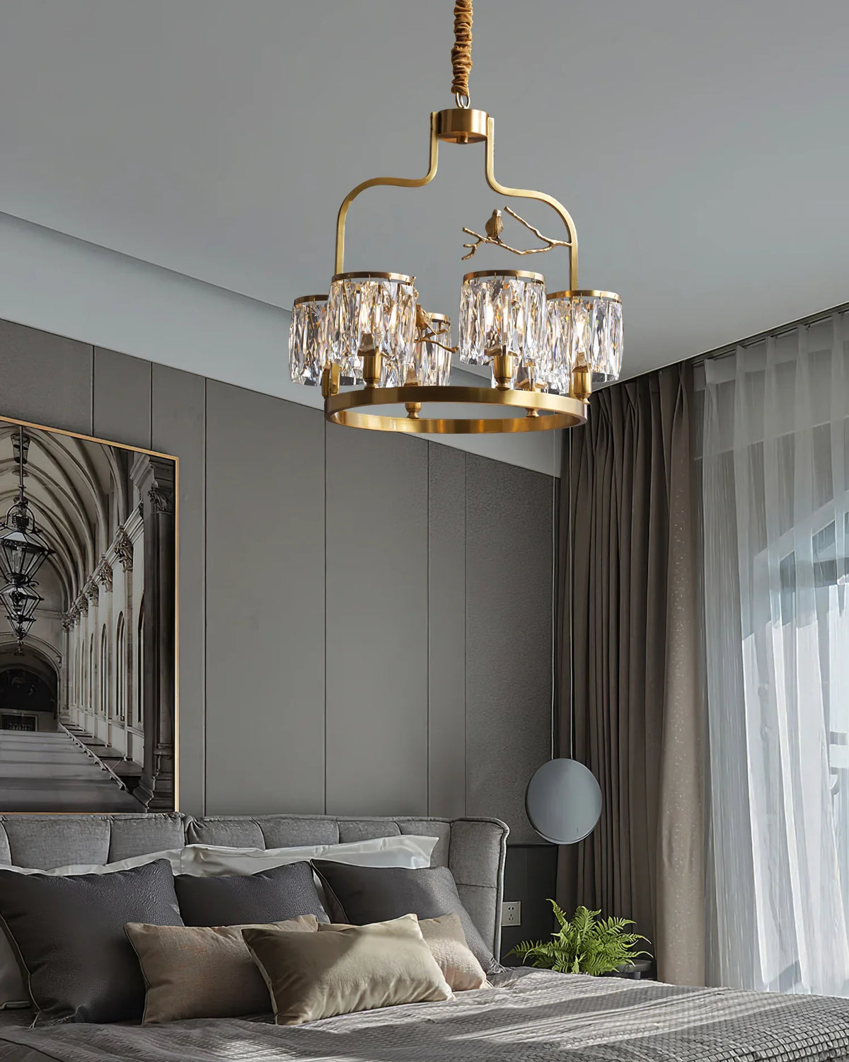 Crystal Bird Chandelier – Modern Brass & Crystal Ceiling Light for Dining Room, 4–6 Lights