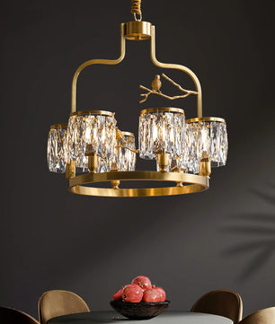 Crystal Bird Chandelier – Modern Brass & Crystal Ceiling Light for Dining Room, 4–6 Lights