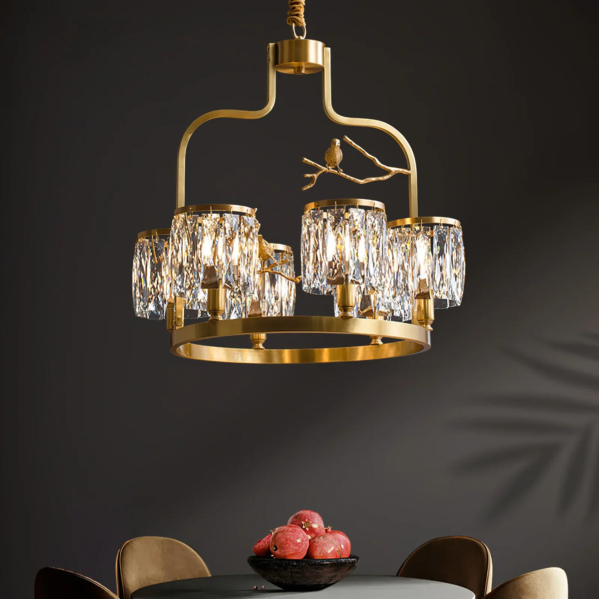 Crystal Bird Chandelier – Modern Brass & Crystal Ceiling Light for Dining Room, 4–6 Lights
