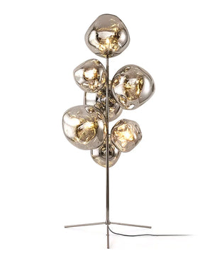 Lava Cone floor lamp with a tapered metallic cone in chrome finish