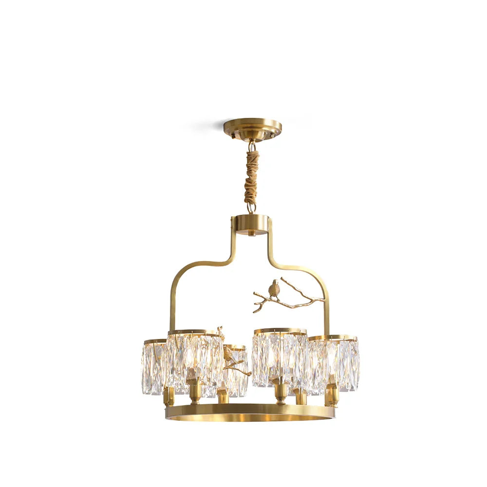 Crystal Bird Chandelier – Modern Brass & Crystal Ceiling Light for Dining Room, 4–6 Lights