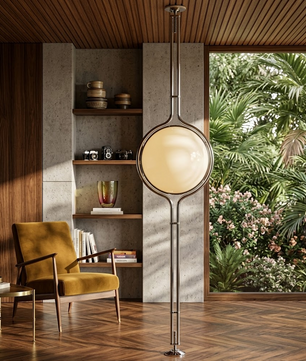 Zuru floor to ceiling lamp with rotatable light heads aimed at a reading corner