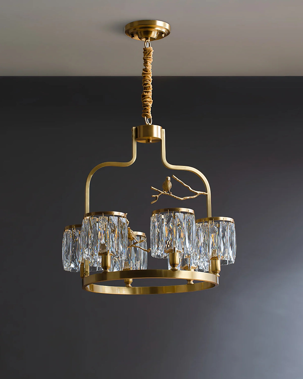 Crystal Bird Chandelier – Modern Brass & Crystal Ceiling Light for Dining Room, 4–6 Lights