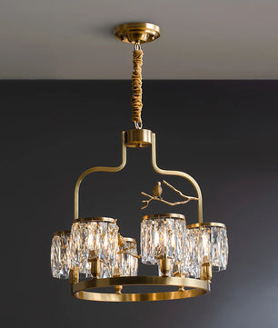Crystal Bird Chandelier – Modern Brass & Crystal Ceiling Light for Dining Room, 4–6 Lights