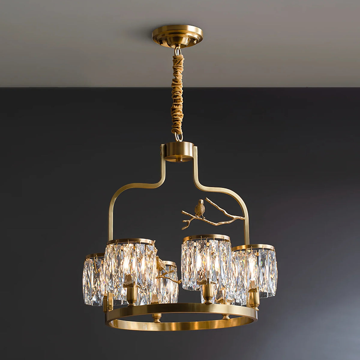 Crystal Bird Chandelier – Modern Brass & Crystal Ceiling Light for Dining Room, 4–6 Lights