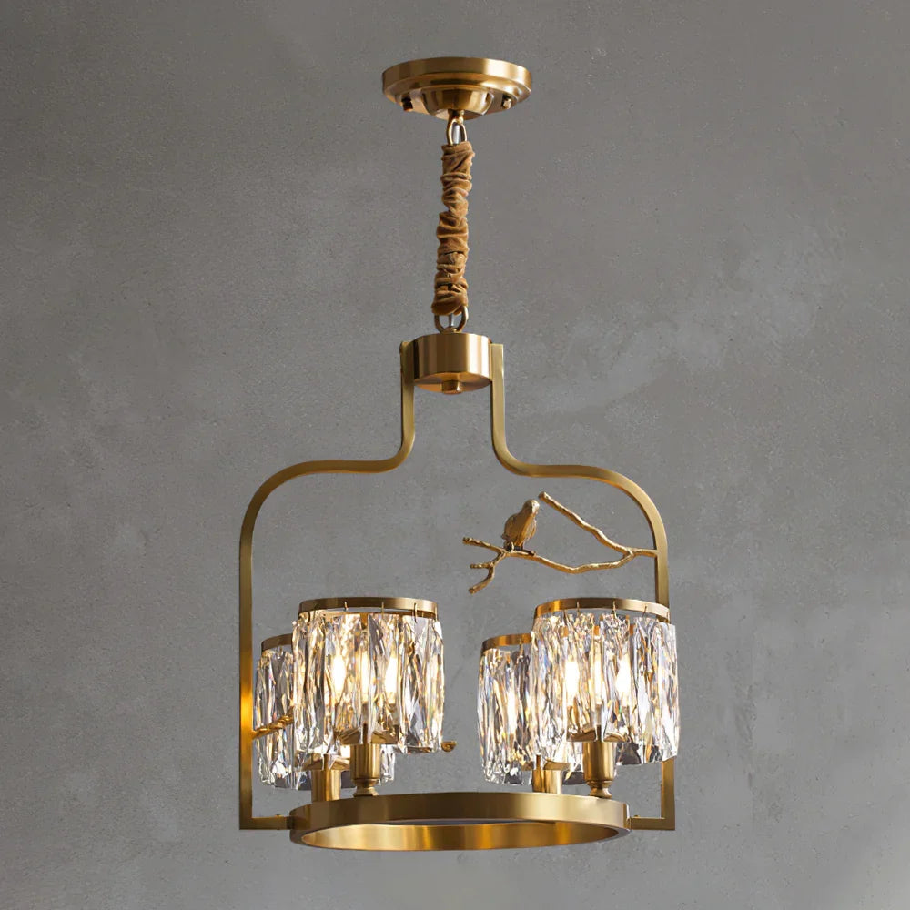 Crystal Bird Chandelier – Modern Brass & Crystal Ceiling Light for Dining Room, 4–6 Lights