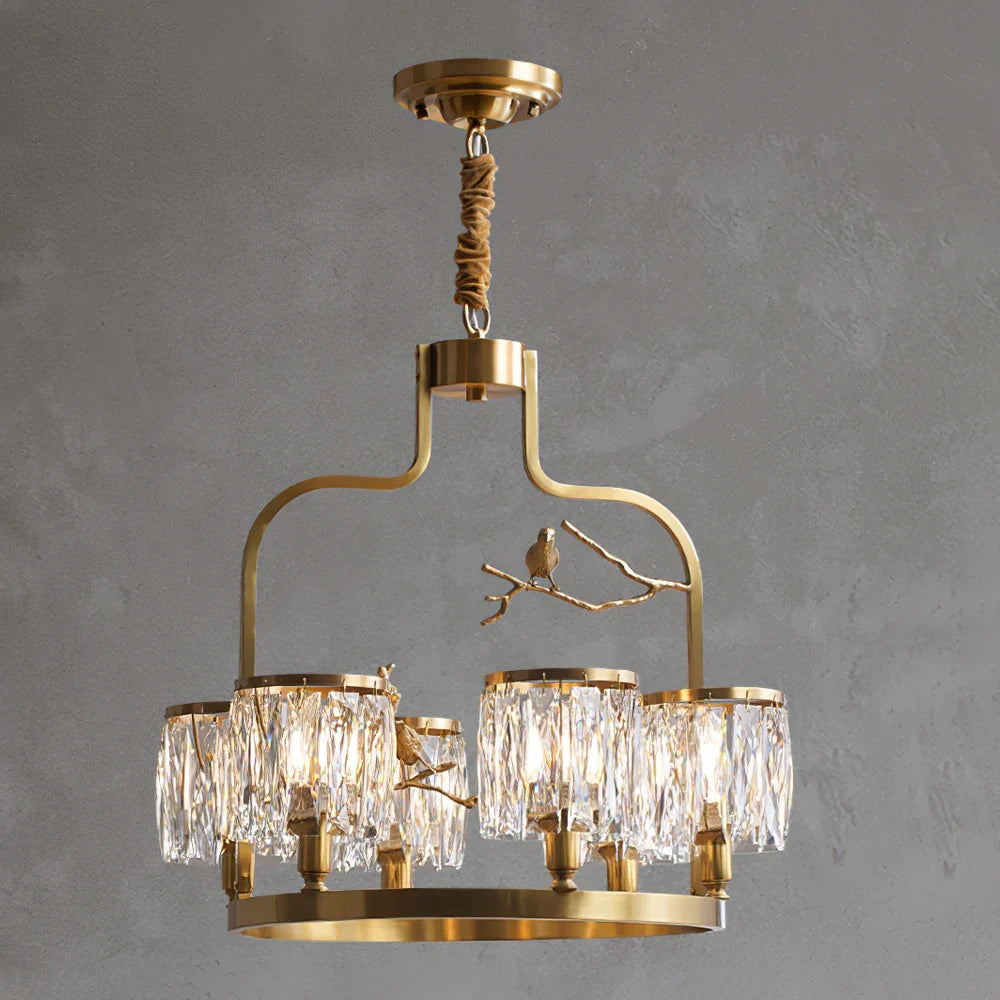 Crystal Bird Chandelier – Modern Brass & Crystal Ceiling Light for Dining Room, 4–6 Lights