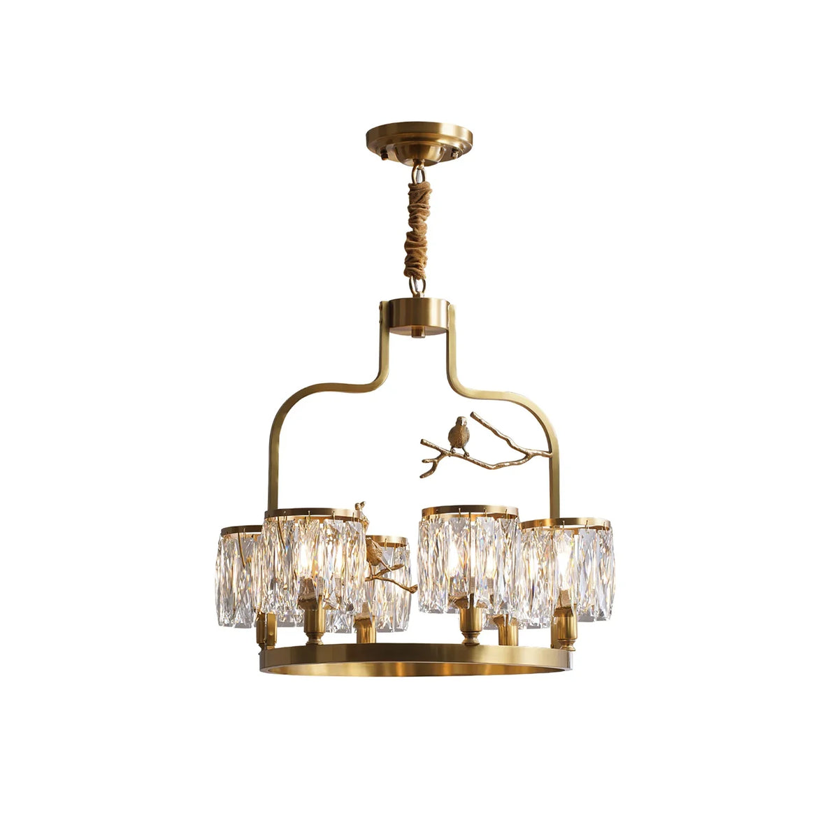Crystal Bird Chandelier – Modern Brass & Crystal Ceiling Light for Dining Room, 4–6 Lights