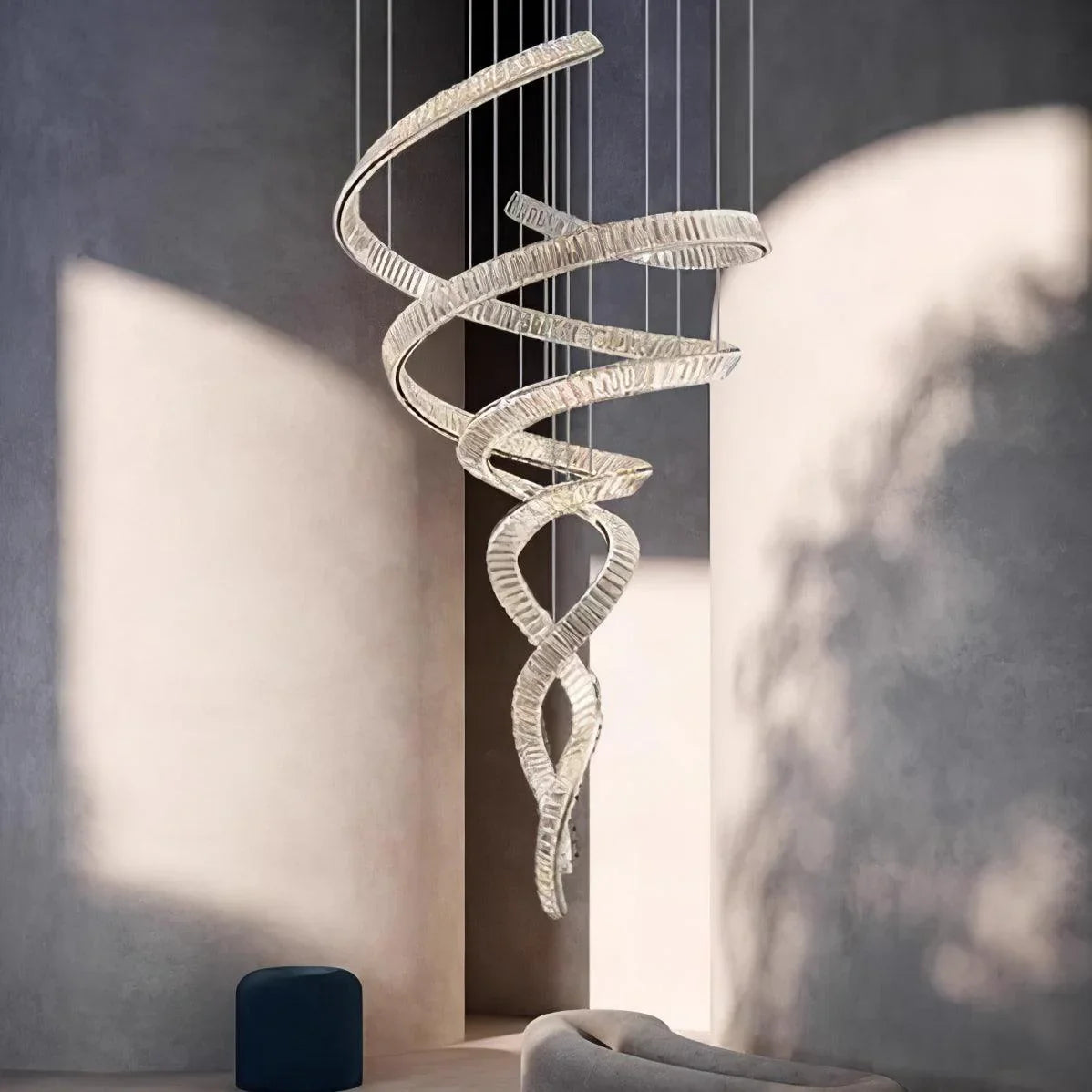 Long Spiral Crystal Chandelier – Modern Cascading Crystal Ceiling Light for Staircase & Foyer, Clear