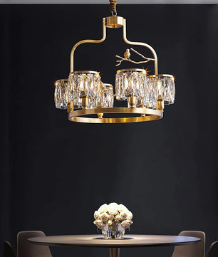 Crystal Bird Chandelier – Modern Brass & Crystal Ceiling Light for Dining Room, 4–6 Lights
