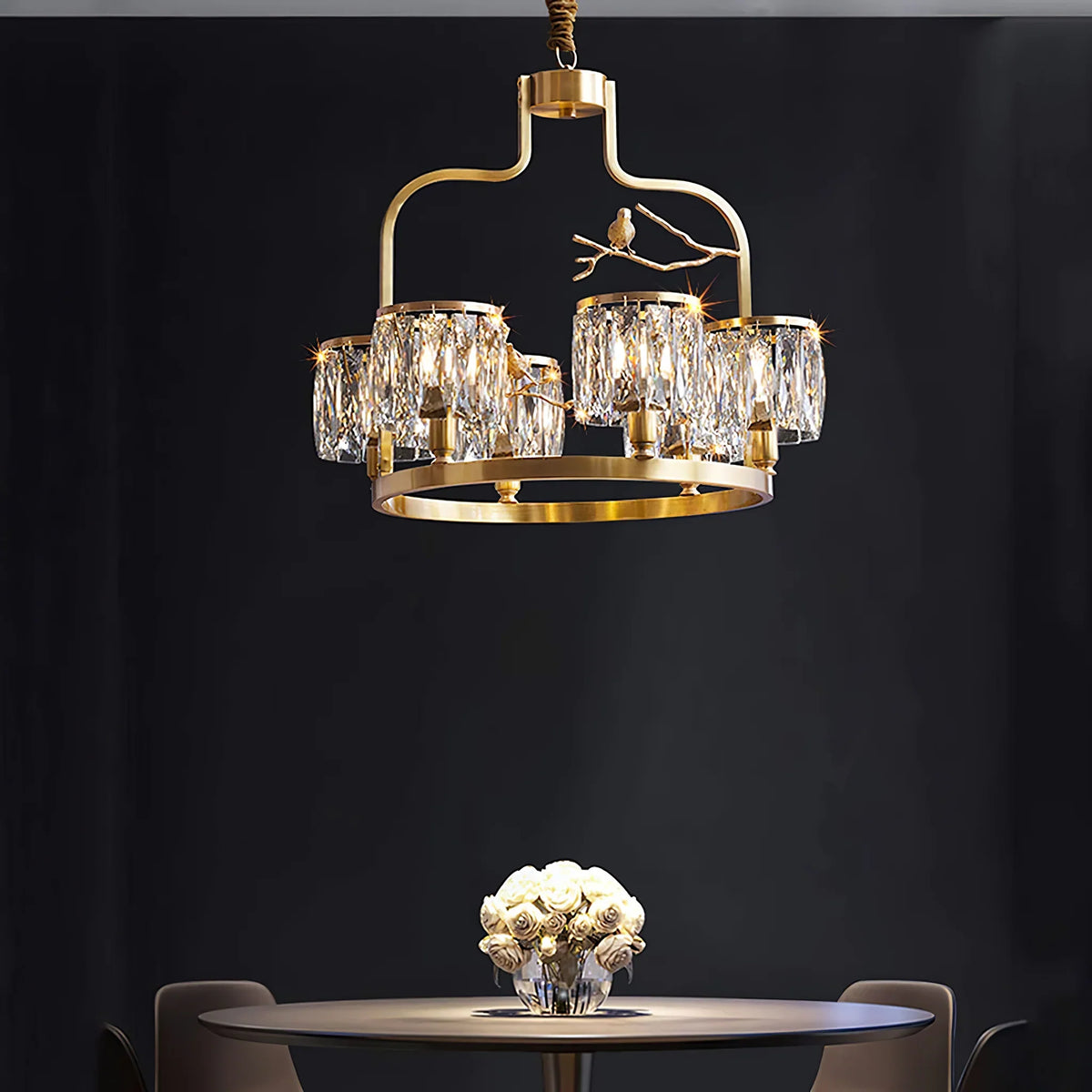 Crystal Bird Chandelier – Modern Brass & Crystal Ceiling Light for Dining Room, 4–6 Lights
