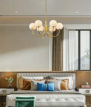 Brass & Alabaster Round Chandelier – Modern Ceiling Light for Dining Room & Foyer, 6–10 Lights