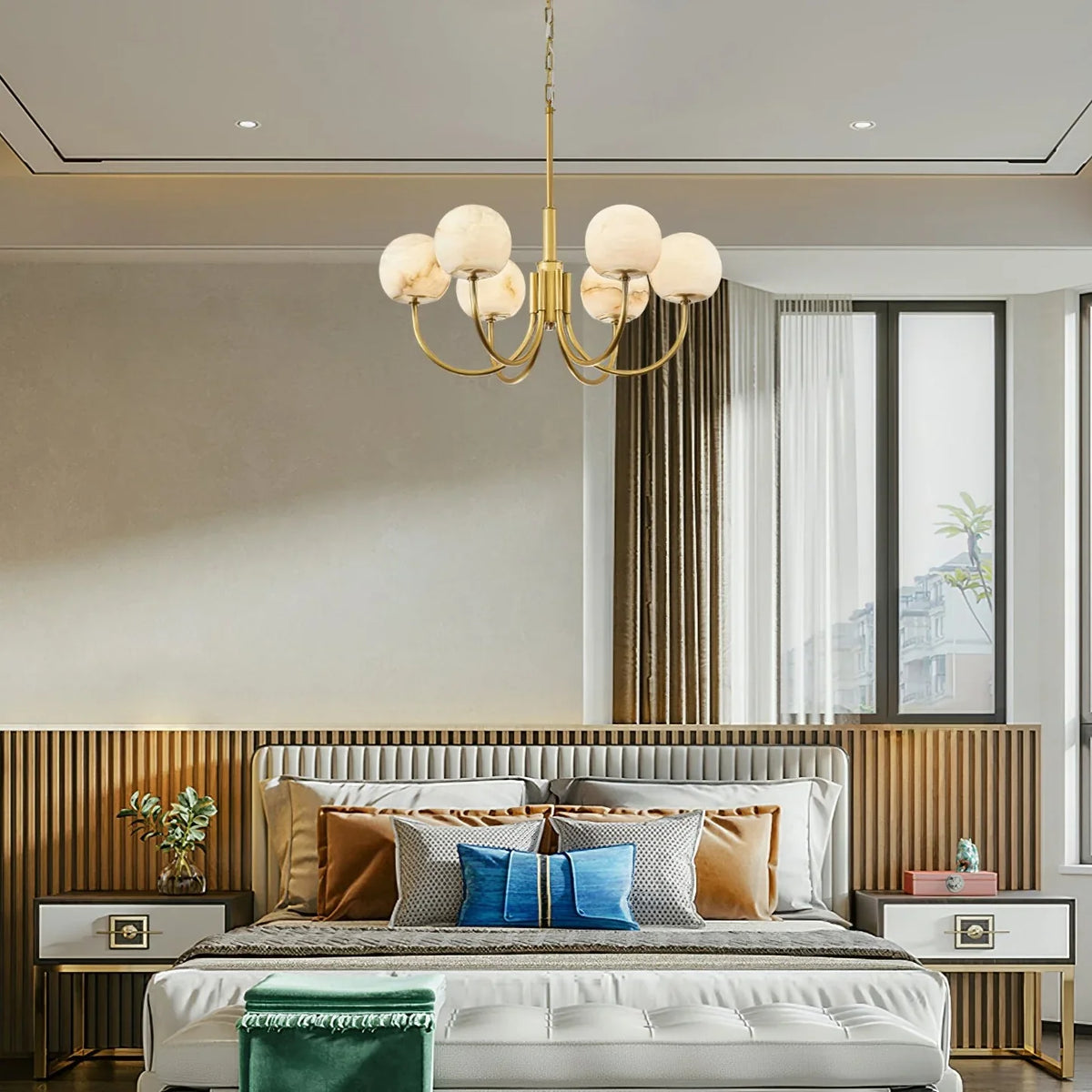 Brass & Alabaster Round Chandelier – Modern Ceiling Light for Dining Room & Foyer, 6–10 Lights