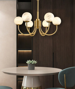 Brass & Alabaster Round Chandelier – Modern Ceiling Light for Dining Room & Foyer, 6–10 Lights