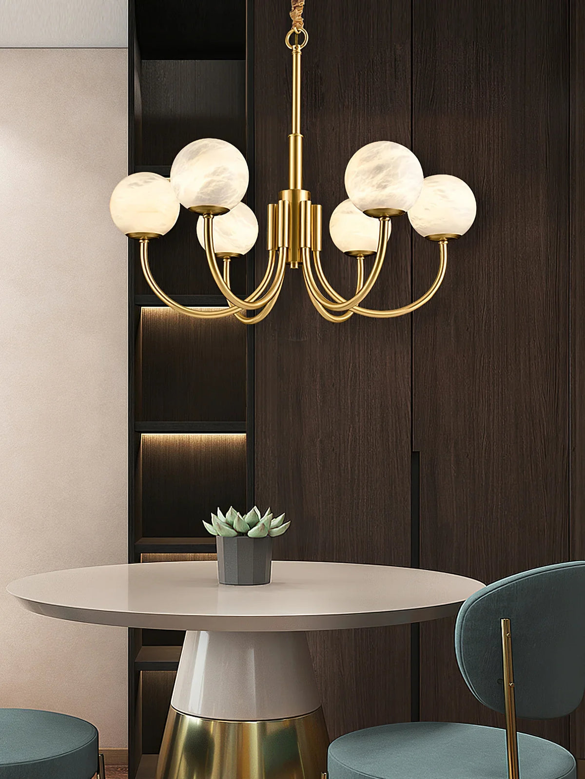 Brass & Alabaster Round Chandelier – Modern Ceiling Light for Dining Room & Foyer, 6–10 Lights
