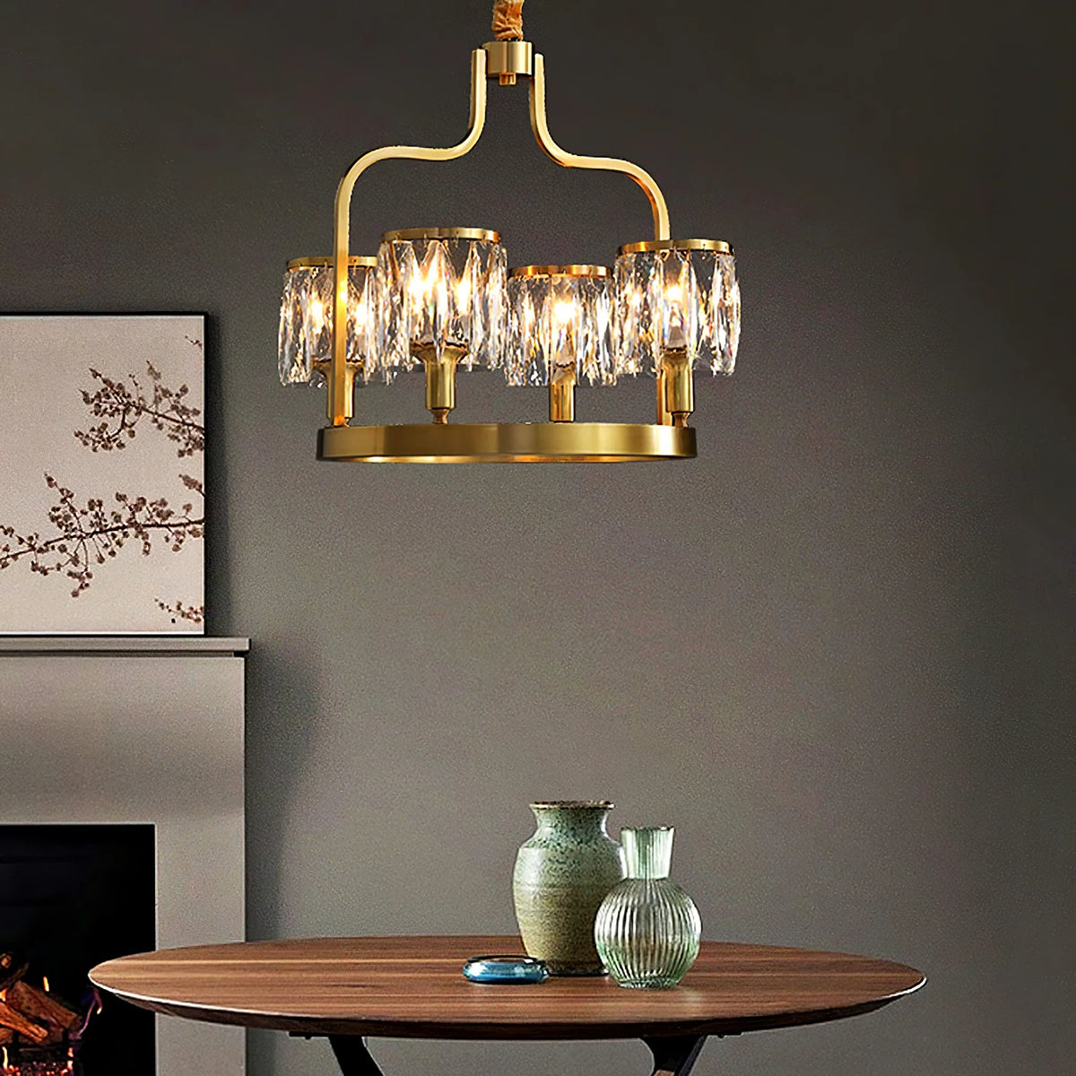 Crystal Bird Chandelier – Modern Brass & Crystal Ceiling Light for Dining Room, 4–6 Lights