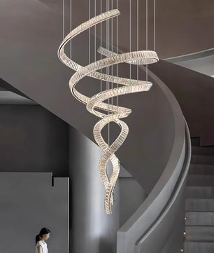 Long Spiral Crystal Chandelier – Modern Cascading Crystal Ceiling Light for Staircase & Foyer, Clear